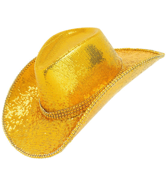 Gouden cowboyhoed met pailletten en strassrand, vooraanzicht van de brede gebogen rand