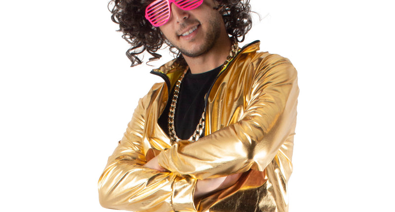 Gouden disco jas Winfred met rits en opstaande kraag, metallic glans, voor een discofeest