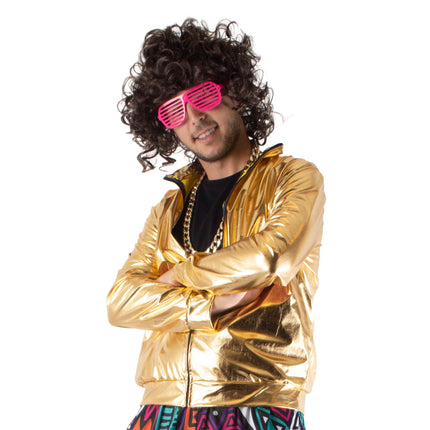 Gouden disco jas Winfred met rits en opstaande kraag, metallic glans, voor een discofeest