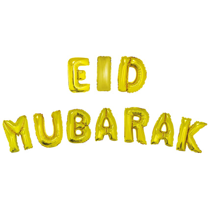 Gouden folieletters Eid Mubarak van 40 cm, opgeblazen en in twee regels gelegd