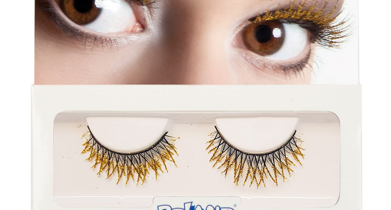 Gouden glitterwimpers in verpakking, zwarte nepwimpers met goudglitter punten voor dames