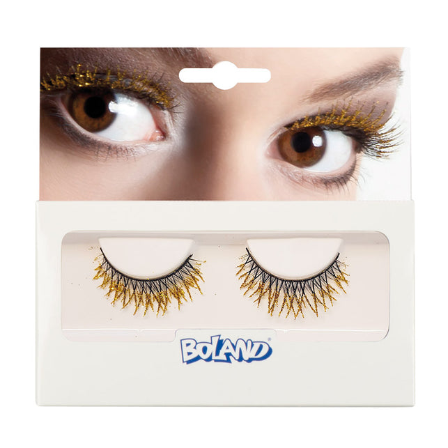 Gouden glitterwimpers in verpakking, zwarte nepwimpers met goudglitter punten voor dames