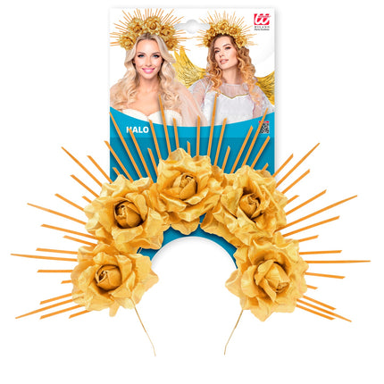 Gouden halo met rozen voor dames op verkoopkaart van Widmann met stralenkrans