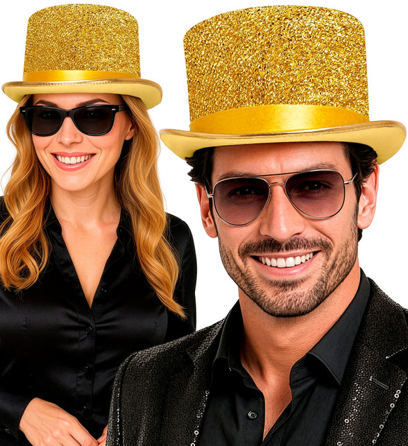 Gouden lurex hoge hoed gedragen door dame en heer bij zwarte feestkleding