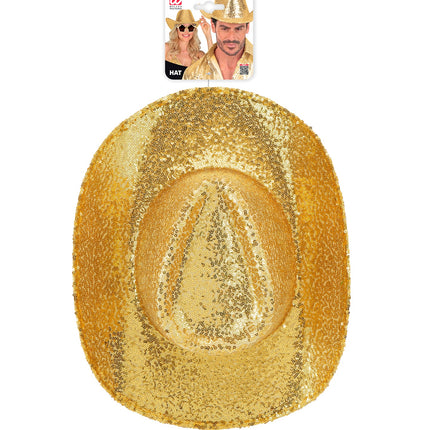 Gouden pailletten cowboyhoed van bovenaf met ingedeukte bol en verpakkingskaart