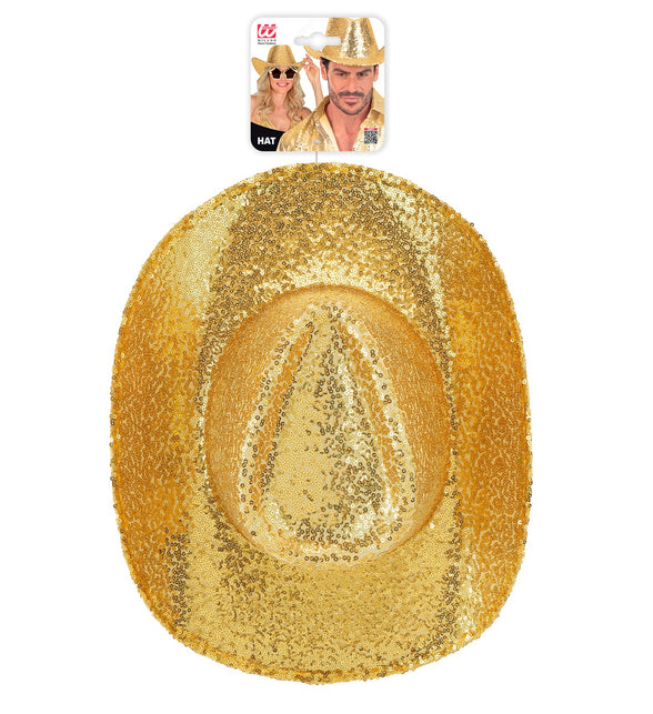 Gouden pailletten cowboyhoed van bovenaf met ingedeukte bol en verpakkingskaart