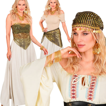 Gouden pailletten doek met muntjes als top en als heupsjaal gedragen bij een oosterse feestlook