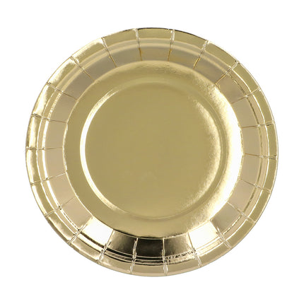 Gouden papieren bordje van bovenaf met spiegelend midden en geplooide rand, uit een set van 6