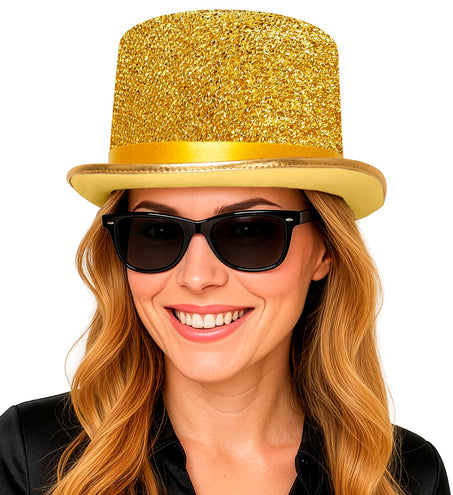 Goudkleurige glitterhoed met hoge rechte bol, gedragen door een vrouw op een themafeest
