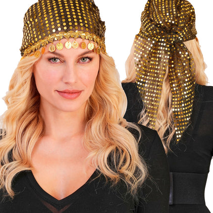 Goudkleurige pailletten hoofddoek met muntjesrand, voor- en achterkant met afhangende punt