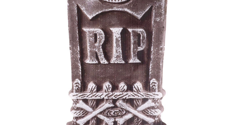 Grafsteen van karton met RIP-letters, doodskop en gekruiste botten voor Halloween