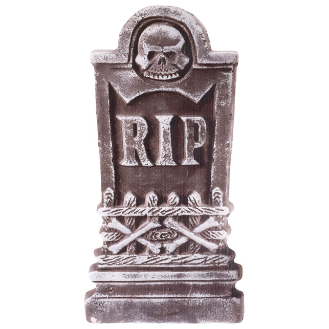 Grafsteen van karton met RIP-letters, doodskop en gekruiste botten voor Halloween