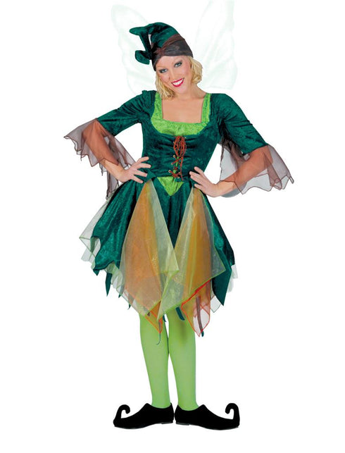 Grappig elfenpakje dames in donkergroen met puntige hoed, tule punten en veterdetail, voor carnaval