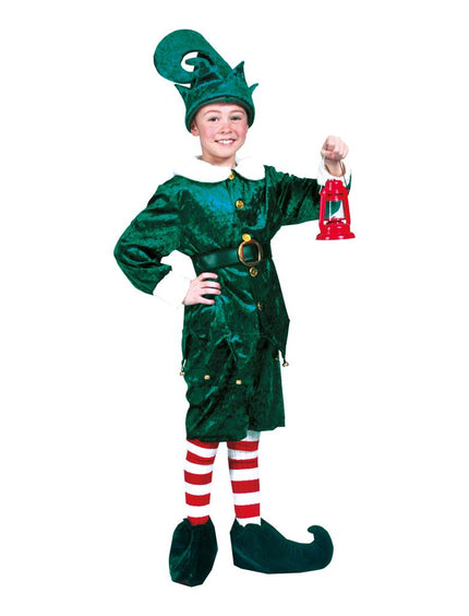 Grappig elfenpakje jongen in groen met witte kraag, gouden knopen en punthoed met belletjes, voor Kerst