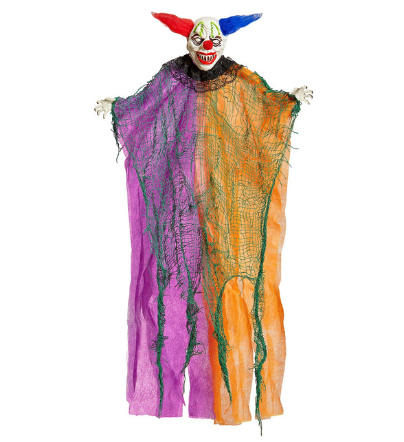 Griezelige clown decoratie 61cm met paars-oranje gewaad, groen netweefsel en rood-blauw haar voor Halloween