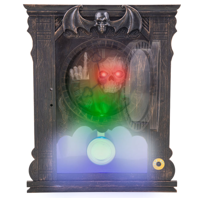 Griezelige klok animatronic in beweging met kleurenlicht, sfeerbeeld voor Halloween