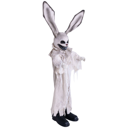 Griezelkonijn animatronic met lange grijs afgewerkte oren en uitgestoken witte handen