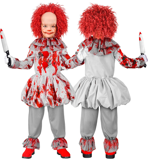 Grijs clownskostuum kind met geruchte manchetten en ruches aan de broekzomen