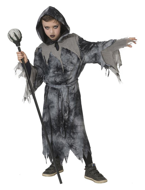 Grijs demonen pak Simon kinderen, gewaad met kap en gerafelde zoom voor Halloween