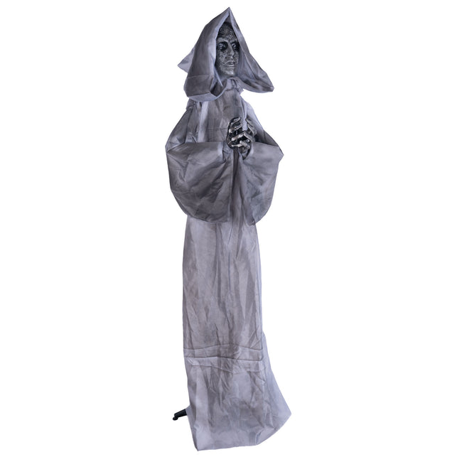 Grijze biddende halloweenfiguur van 180 cm van de zijkant, met wijde mouwen en lang gewaad