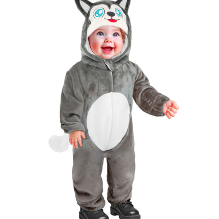 Grijze husky jumpsuit met witte krulstaart achterop en rits aan de voorkant, staand gedragen