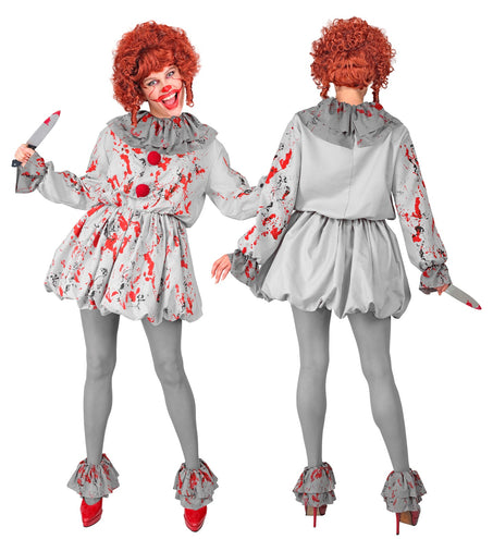 Grijze killer clown pofjurk met rode pompons en geplooide kraag, damesmodel van voor en achter