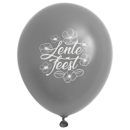 Grijze lentefeest ballon met witte bloementekening en tekst Lentefeest