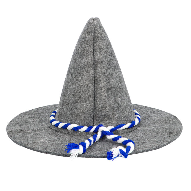 Grijze tirolerhoed Beieren met gedraaid blauw-wit koord en twee kwastjes