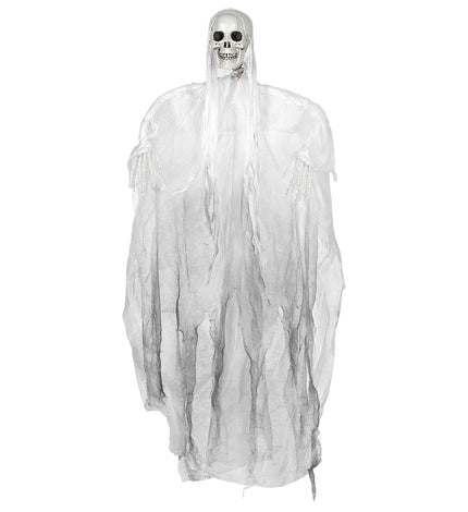 Grimreaper decoratie 153cm in wit gaas met skeletschedel en botten handen voor Halloween