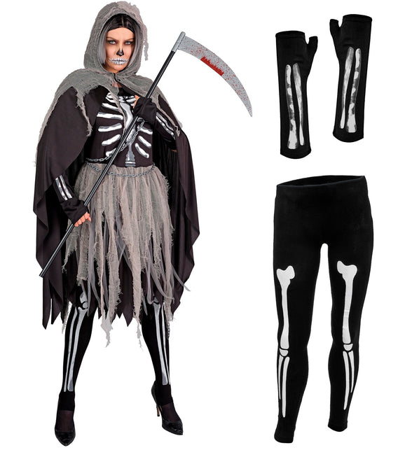 Grimreaper kostuum dames: skeletjurk met cape, plus panty met botten en vingerloze handschoenen