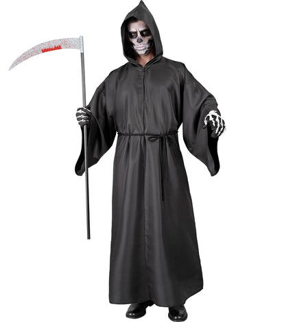 Grimreaper kostuum Donny: lange zwarte mantel met puntige kap en koord, voor Halloween