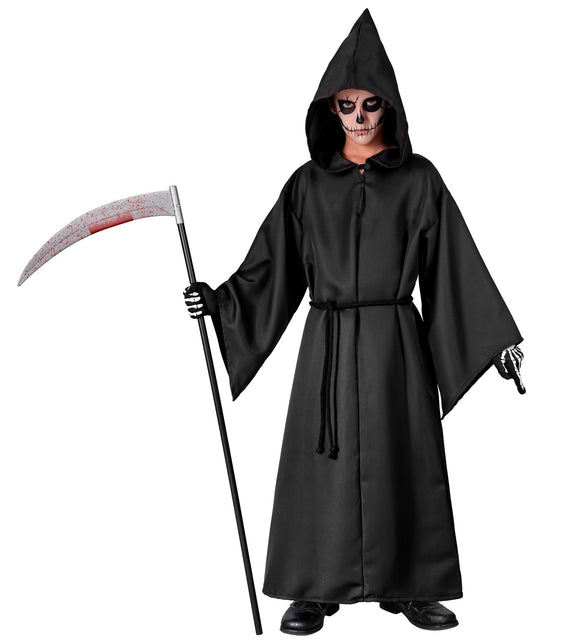 Grimreaper kostuum Donny met wijde klokmouwen en zwarte koordriem in de taille
