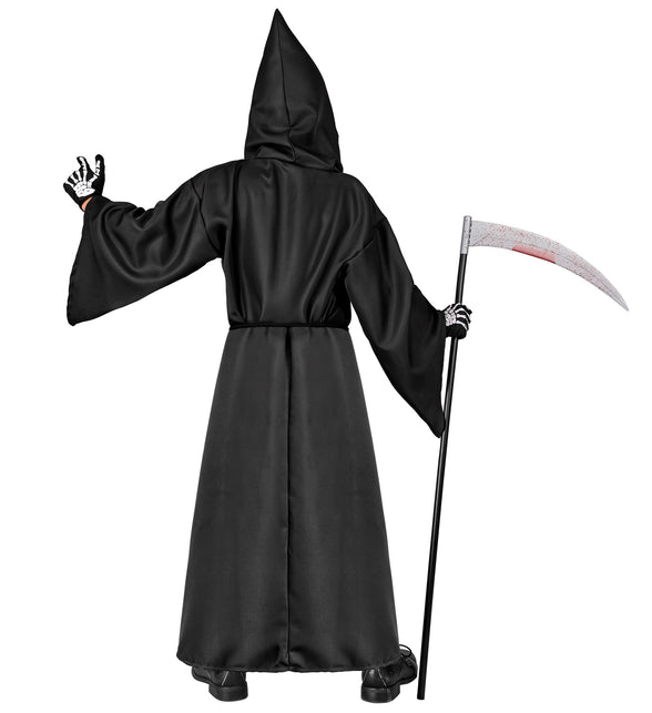 Grimreaper kostuum kinderen achterkant, lang zwart gewaad met puntige capuchon