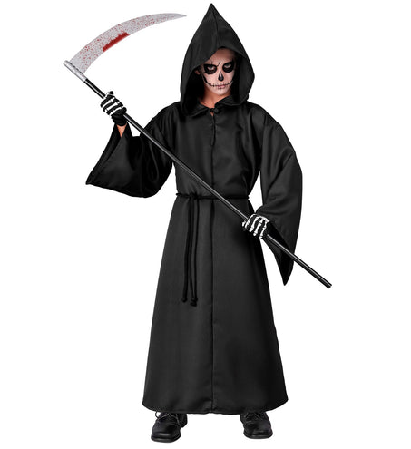 Grimreaper kostuum kinderen Donny, zwart gewaad met puntkap en koordriem voor Halloween