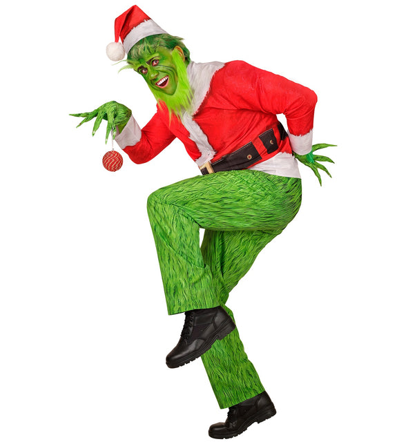 Grinch kerstkostuum in draagstand met groene klauwhand en rode kerstbal