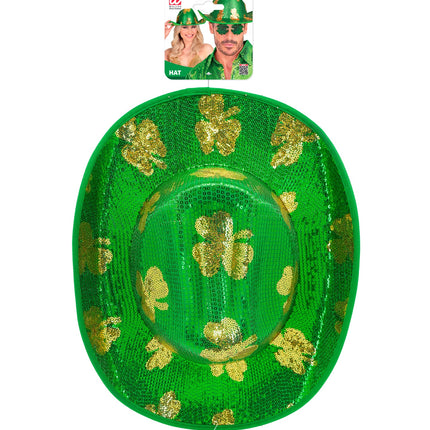 Groene paillettenhoed met gouden klavers, bovenaanzicht met verpakking