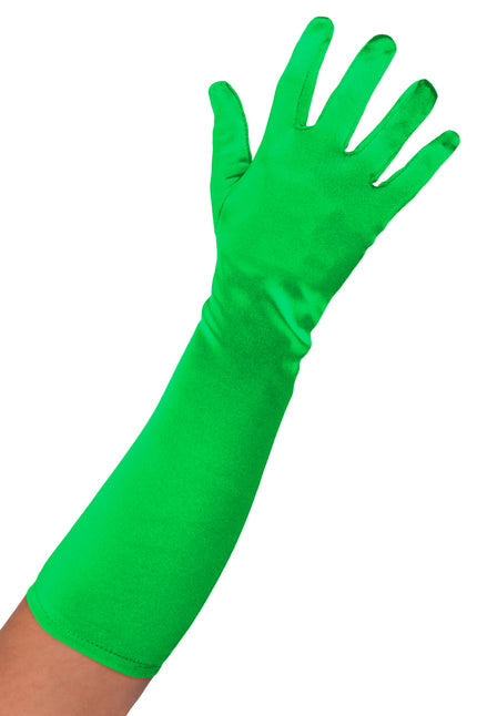 Groene satijnen handschoen 40 cm met glanzende look tot over de onderarm