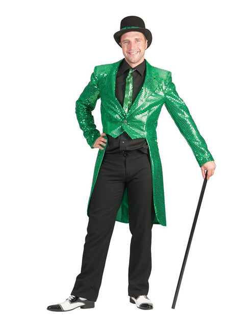 Groene slipjas deluxe met pailletten, brede revers en lange pandjes, voor heren tijdens Saint Patrick's Day