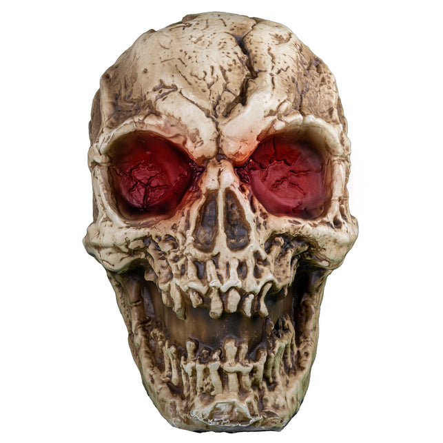 Groot skeletten schedel van pvc, vooraanzicht met bloedrode oogkassen en open kaak, Halloween decoratie