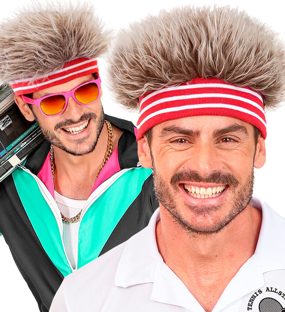 Haarband met pluche haar jaren 80 door heren gedragen bij een trainingsjack en poloshirt