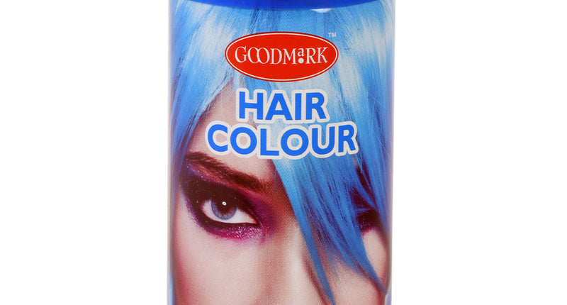 Haarspray fluor blauw 125 ml in blauwe spuitbus van Goodmark met fluorescerend blauw etiket
