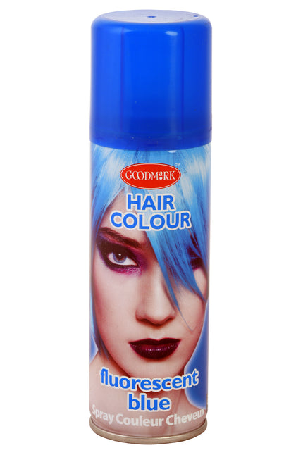 Haarspray fluor blauw 125 ml in blauwe spuitbus van Goodmark met fluorescerend blauw etiket