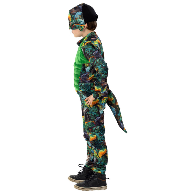 Hagedis Finn zijkant met slappe staart achterop de broek en zwarte binnenkant van het masker
