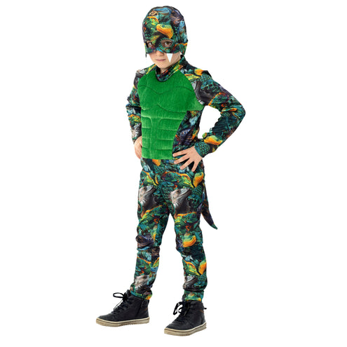 Hagedis kostuum kind van de zijkant, jumpsuit met reptielenprint en groene borstplaat