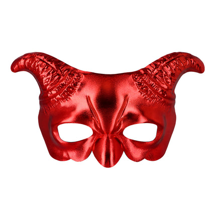 Halfmasker Demoon rood vooraanzicht met geribbelde hoorns, ooggaten en spitse neusrug