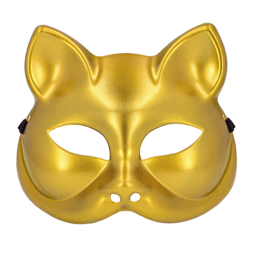 Halfmasker kat goud met puntige oren en glanzende metallic afwerking, vooraanzicht