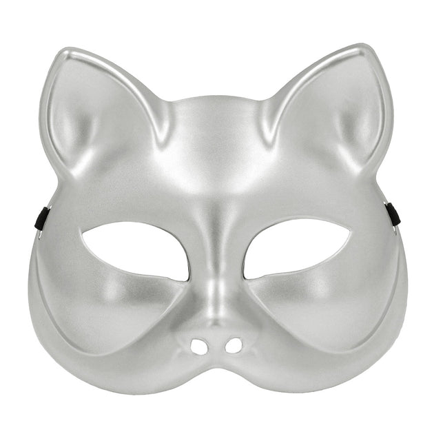 Halfmasker kitty zilver, kattenmasker van kunststof met spitse oren en amandelvormige ooggaten