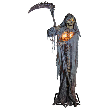 Halloween animatronic Hein de Dood met oranje oplichtende ogen en ribbenkast