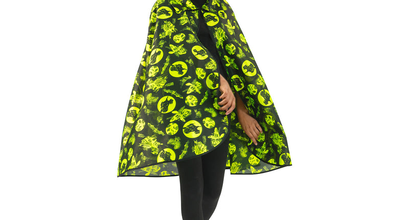 Halloween cape fluo met fluorgroene heksen- en vleermuisprint op zwart, vooraanzicht voor Halloween