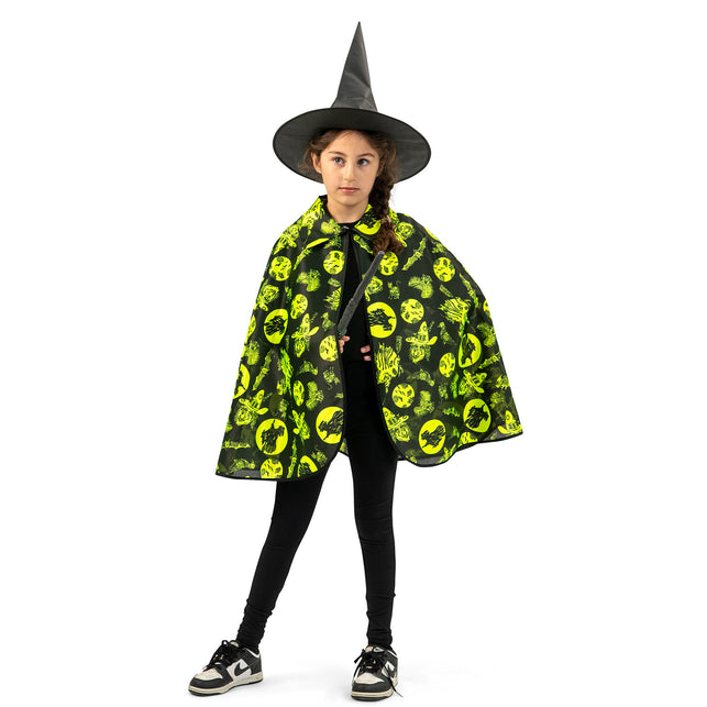 Halloween cape fluo kind vooraanzicht met wijd uitlopende zoom en fluogele maansilhouetten
